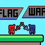2体のカラフルなキャラクターが剣を交差させ、背景に「FLAG WAR」と書かれた看板があるシンプルなピクセルアートのイラスト。