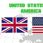 イギリス国旗とアメリカ国旗が並んで表示され、その上に「UNITED STATES OF AMERICA」と書かれた地球のイラスト。