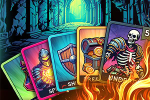 暗い洞窟の背景に、騎士、盾、宝箱、骸骨が描かれた鮮やかな色のカードが炎に囲まれている。