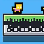 青い背景に、緑と黒のプラットフォームの上に立つ二人のピクセルキャラクター。