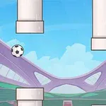 サッカーボールが空中に浮かんでおり、その周りには大きな白い柱とスタジアムの背景が見えるイラスト。