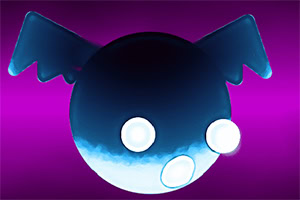 青いコウモリの羽が生えた球体のキャラクターが、紫色の背景に浮かんでいる。