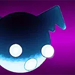 青いコウモリの羽が生えた球体のキャラクターが、紫色の背景に浮かんでいる。