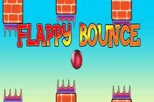 カラフルな「FLAPPY BOUNCE」という文字と空中に浮かぶ赤いボール、レンガ模様の障害物が並ぶ背景。