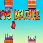 カラフルな「FLAPPY BOUNCE」という文字と空中に浮かぶ赤いボール、レンガ模様の障害物が並ぶ背景。