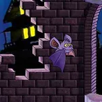 紫色のコウモリが、壊れたレンガの壁に止まっている夜の風景。