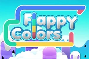 Flappy Colorsのカラフルなロゴが、パステル調の雲と氷山の背景に配置されているイラスト。