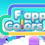 Flappy Colorsのカラフルなロゴが、パステル調の雲と氷山の背景に配置されているイラスト。
