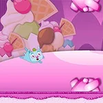 ピンクのアイスクリームとワッフルに囲まれたカラフルなキャラクターが描かれたキュートな背景。