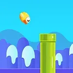 青空の下で、黄色いキャラクターが緑のパイプの間を飛んでいる様子。