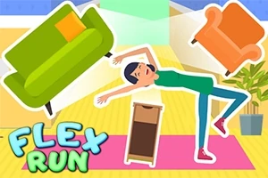 リビングルームで様々な家具を避けながらポーズを取る人物のイラスト。
