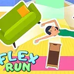 リビングルームで様々な家具を避けながらポーズを取る人物のイラスト。