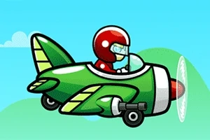 緑色の飛行機に乗った赤いヘルメットを被ったキャラクターが青空を飛んでいるイラスト。