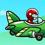 緑色の飛行機に乗った赤いヘルメットを被ったキャラクターが青空を飛んでいるイラスト。