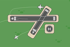 緑の背景に二本の交差する滑走路とヘリポート、上空を飛ぶ2機の白い飛行機。