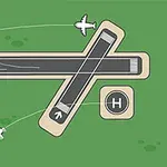 緑の背景に二本の交差する滑走路とヘリポート、上空を飛ぶ2機の白い飛行機。