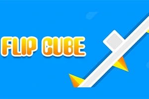 青い背景に「FLIP CUBE」と書かれているテキストと、トゲの付いた斜めの白いバーの上に白い四角形が描かれています。