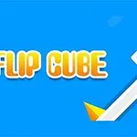 青い背景に「FLIP CUBE」と書かれているテキストと、トゲの付いた斜めの白いバーの上に白い四角形が描かれています。