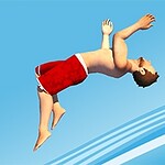 赤い水着を着た男性が空中で後方宙返りをしている様子。