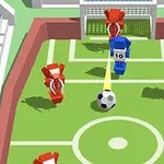 小さなサッカー場で、赤と青のロボット選手がサッカーボールを囲んでいるシーン。