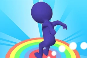 青い背景に、虹色の円盤の上でポーズをとる紫色のキャラクター。