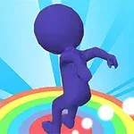 青い背景に、虹色の円盤の上でポーズをとる紫色のキャラクター。