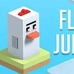 ブロック状にデザインされたニワトリが浮かぶ島の上に立っている青い背景のイラスト。