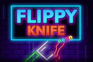 ネオンライトで彩られた「FLIPPY KNIFE」の文字と手を持つナイフのイラスト。