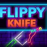 ネオンライトで彩られた「FLIPPY KNIFE」の文字と手を持つナイフのイラスト。