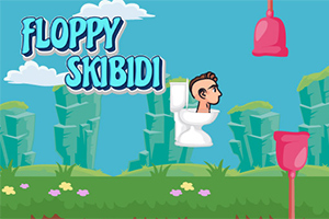 空中に浮かぶトイレに乗った男性と、「Floppy Skibidi」というタイトルが描かれたカラフルでコミカルな背景。