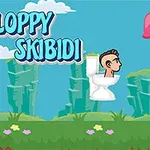 空中に浮かぶトイレに乗った男性と、「Floppy Skibidi」というタイトルが描かれたカラフルでコミカルな背景。