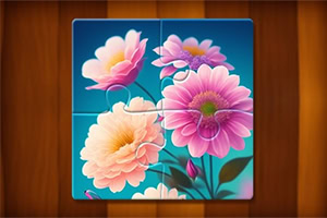 カラフルなピンクとオレンジの花が描かれた、部分的に完成されたパズル。