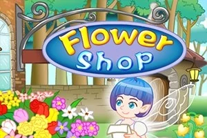 青い髪の妖精と色とりどりの花が飾られた「Flower Shop」の看板。