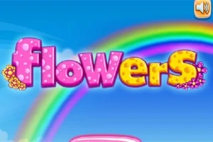 カラフルな虹と「flowers」の文字が青空に浮かんでいる画像。