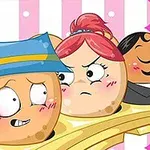 ピンクと白の背景に帽子をかぶった表情豊かなキャラクターたちが並んでいるイラスト。
