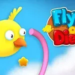 青い空を背景に、黄色い鳥が飛んでいて、近くに黄色の星とカラフルなロゴがあるイラスト。