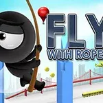黒いキャラクターがロープを使って都市のビルの間を飛び回る様子と、大きなタイトルテキスト。