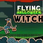 空を飛ぶ魔女、ジャック・オ・ランタン、コウモリ、猫、墓石が描かれたハロウィンのイラスト。
