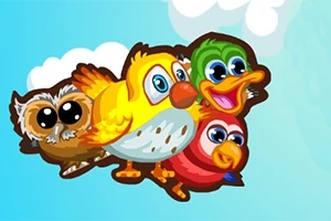 カラフルでかわいらしい4羽の鳥たちが青空を背景に飛んでいるイラスト。