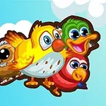 カラフルでかわいらしい4羽の鳥たちが青空を背景に飛んでいるイラスト。