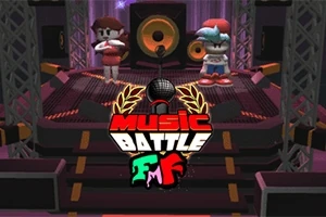 ステージ上でキャラクターが立つ音楽バトルのシーンと巨大なスピーカー。