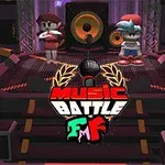 ステージ上でキャラクターが立つ音楽バトルのシーンと巨大なスピーカー。