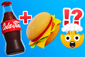 コーラのボトル、ハンバーガー、爆発する頭の絵文字の組み合わせ。