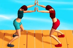 青い海を背景に、水辺の木製デッキで向かい合い手を合わせる2人の女性キャラクター。