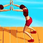 青い海を背景に、水辺の木製デッキで向かい合い手を合わせる2人の女性キャラクター。