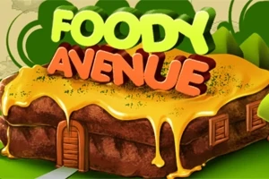 緑色とオレンジ色の文字で「FOODY AVENUE」と書かれたチーズが溶けた建物。