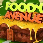 緑色とオレンジ色の文字で「FOODY AVENUE」と書かれたチーズが溶けた建物。