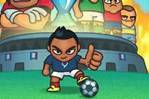 サッカーボールの横でサムズアップするキャラクターと、背景でトロフィーを掲げるチームメイト。