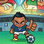 サッカーボールの横でサムズアップするキャラクターと、背景でトロフィーを掲げるチームメイト。
