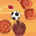赤いアームとサッカーボールが描かれた砂色の背景に、動物のようなキャラクターがいます。